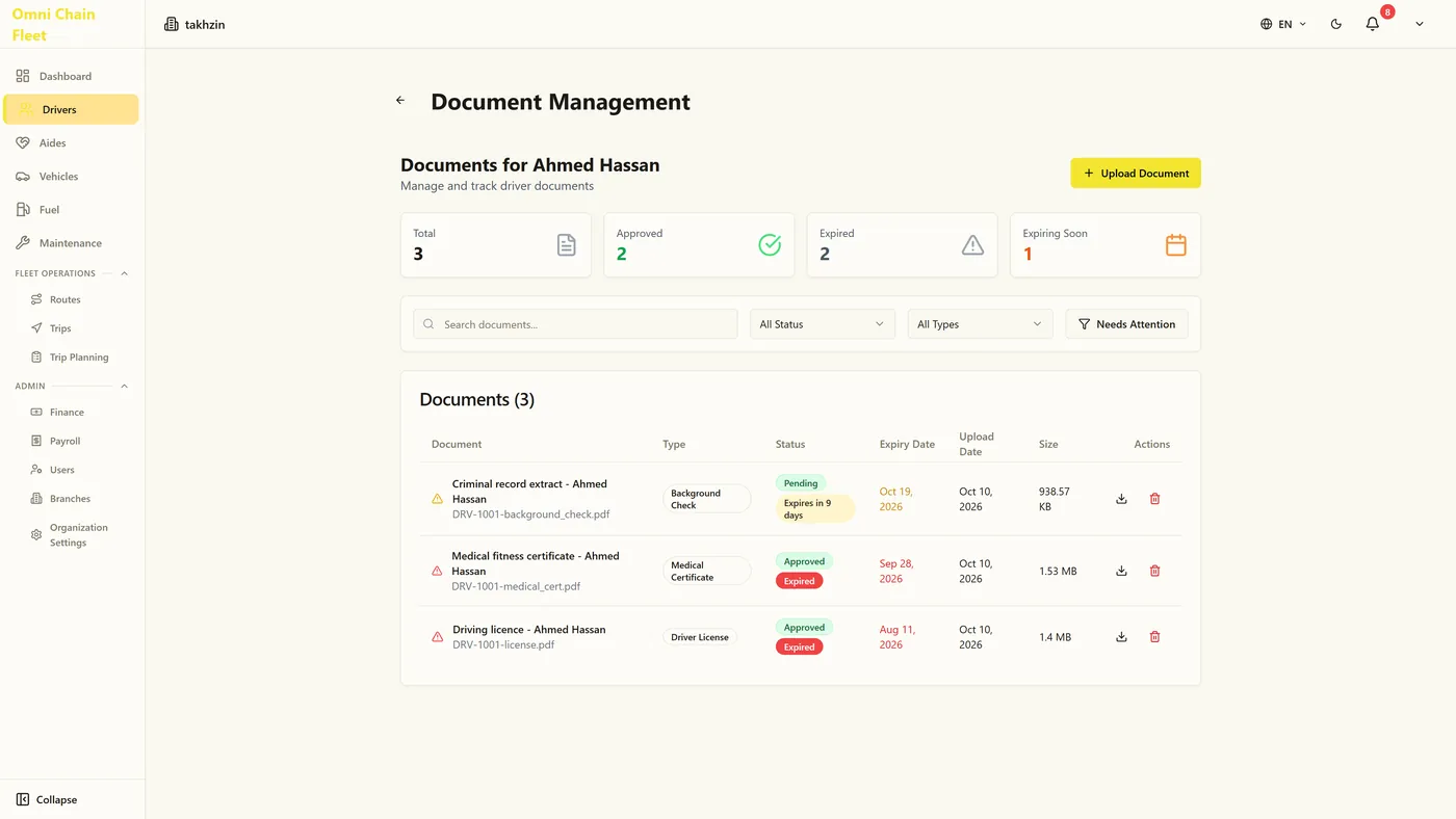 OmniChain Fleet: Driver documents screen
